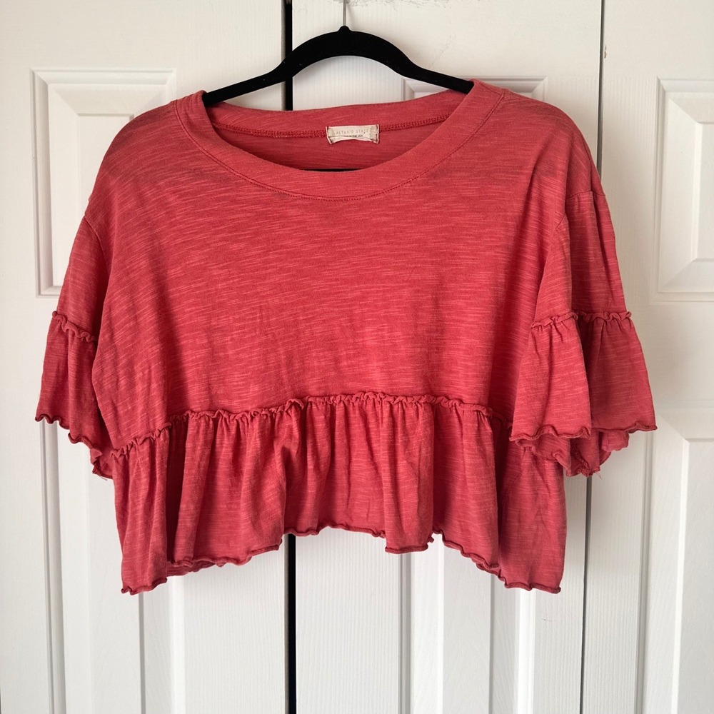 Altar'd State Women Coral Pink Ruffle Peplum Cropped Babydoll Top Slub Knit L